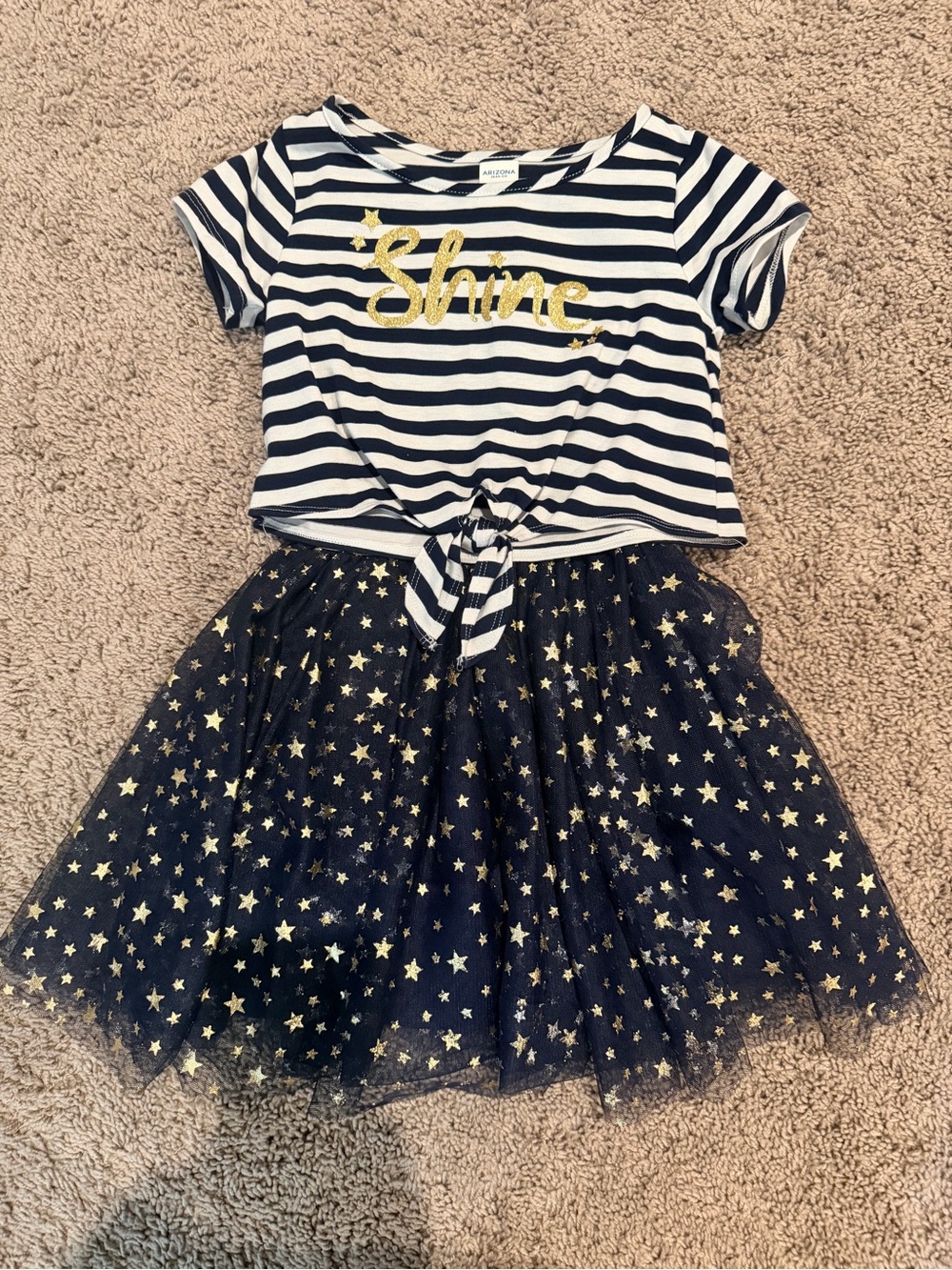 Navy & White Stripe Tie-Front Dress with Gold Star Tulle